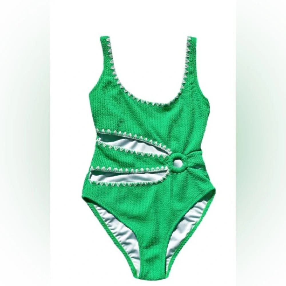 Nessi Byrd Kids Katty Bright Green Textured Cut Out One Piece Bathing Suit Sz 14